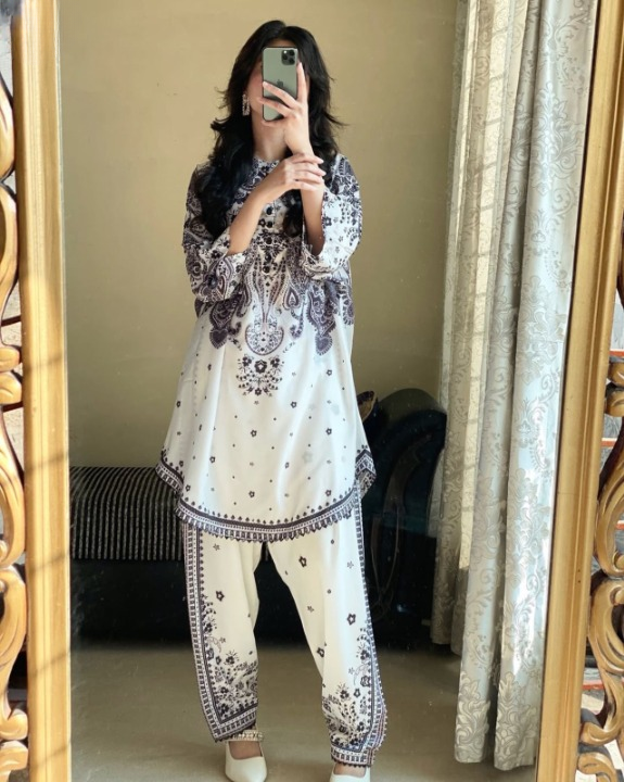 Front And Back Digital  Printed Frock With Printed Flapper 2Pcs
